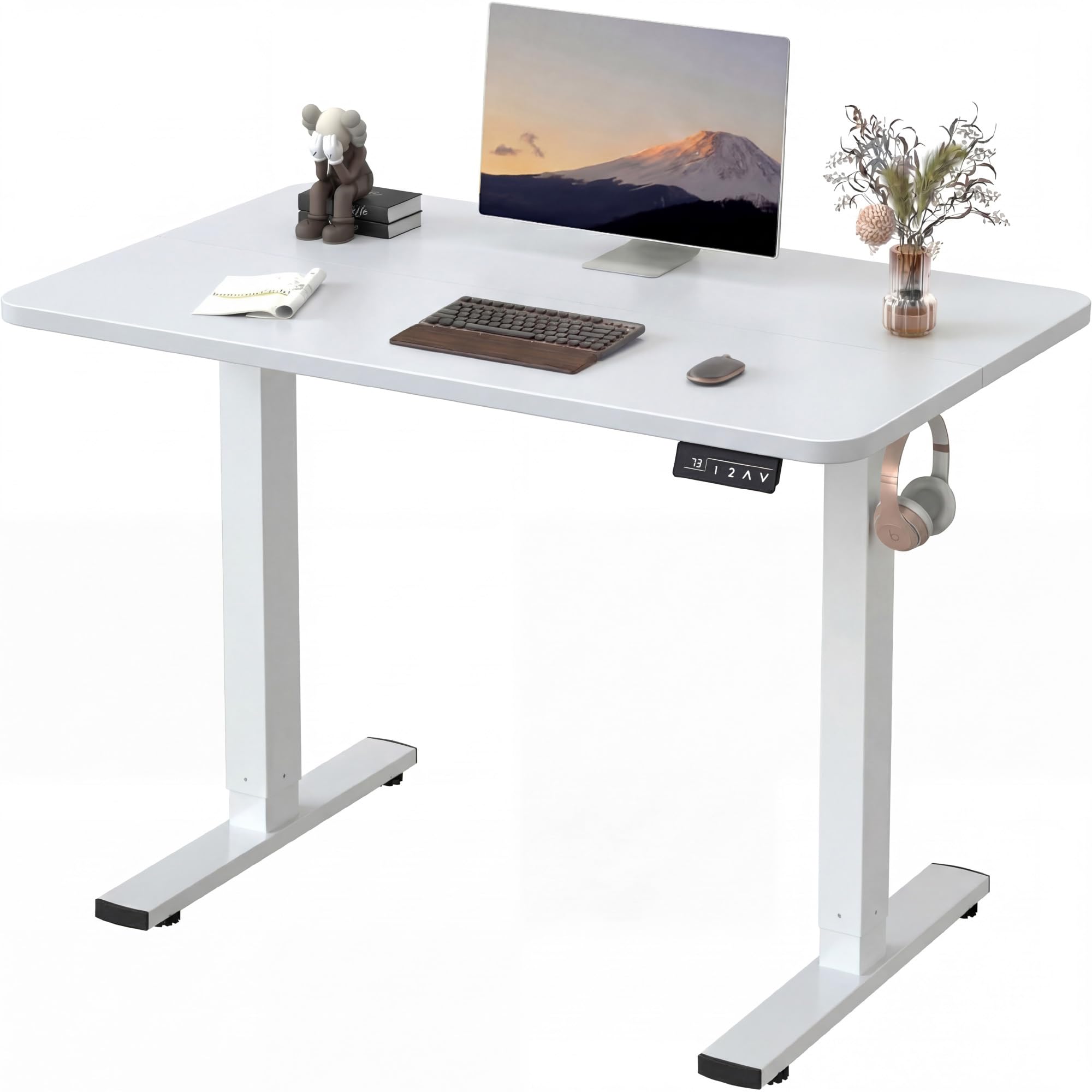 Electric Height Adjustable Standing Desk Large 48 x 24 Inches Sit Stand up Desk Home Office Computer Desk Memory Preset with T-Shaped Metal Bracket, White