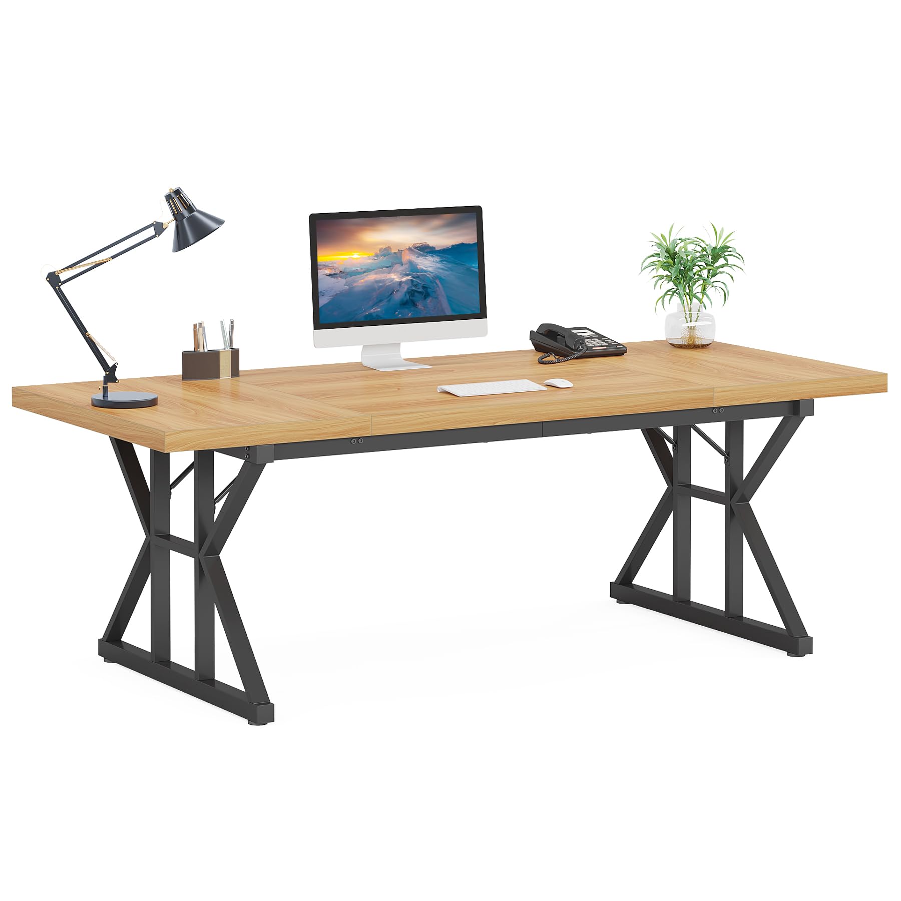 70.8-Inch Executive Desk, Large Computer Office Desk Workstation, Modern Simple Style Laptop Desk Study Writing Table Business Furniture for Home Office (Light Walnut/Black, 70.8 Inch)