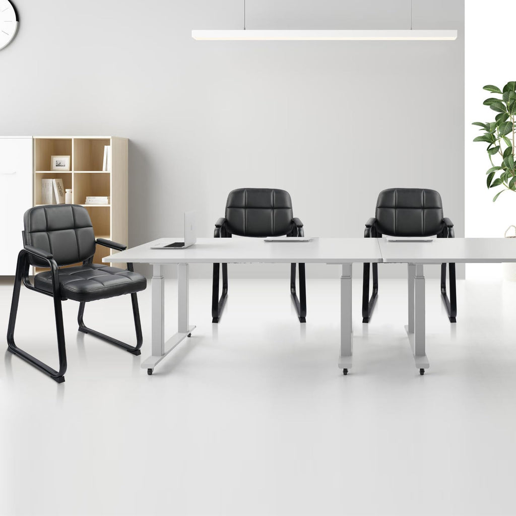 2 Pack, Waiting Room Guest Chair with Bonded Leather Padded Arm Rest for Office Reception and Conference Desk Black with Sled Base