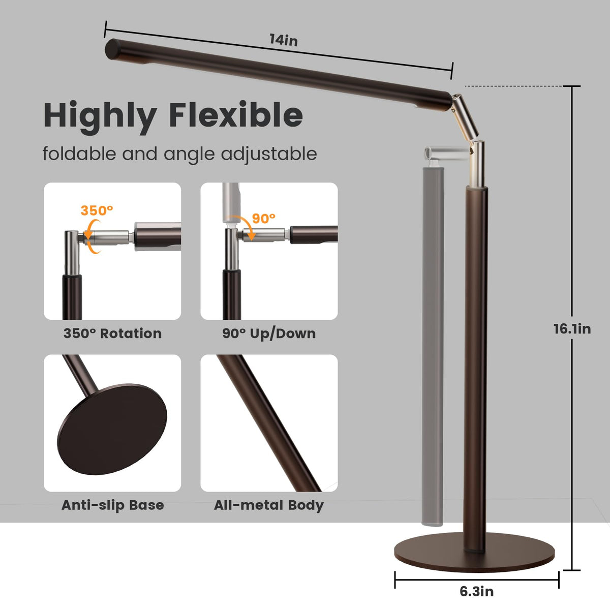 Brown LED Desk Lamp - 16" Foldable Metal Desk Light with Base, 15W, 1200LM, Dimmable Color Changing Table Lamp for Reading Study, Modern Table Lamp for Home Office Laptop College Dorm