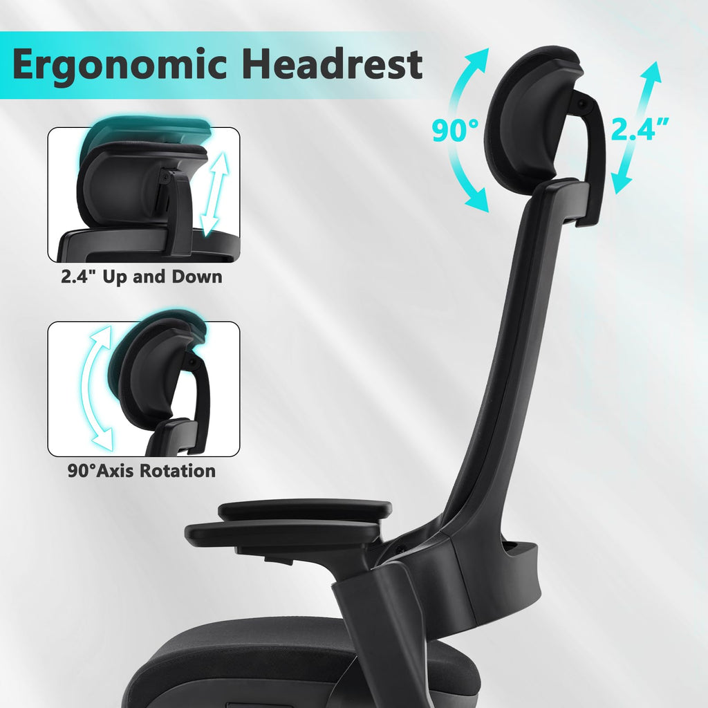 Ergonomic High Swivel Executive Chair with Adjustable Height Head 3D Arm Rest Lumbar Support and Upholstered Back for Home Office Black