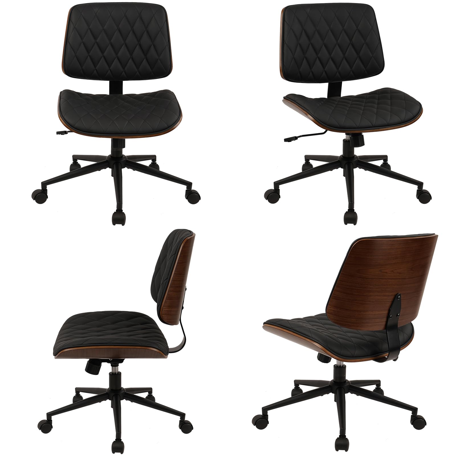 (4 pk) Home Office Desk Chair with Wheels, Adjustable Height Armless Office Chair, PU Leather Mid Back 360 Swivel Computer Chair, Modern Walnut Chair for Home, Meeting, Reading Room,Black