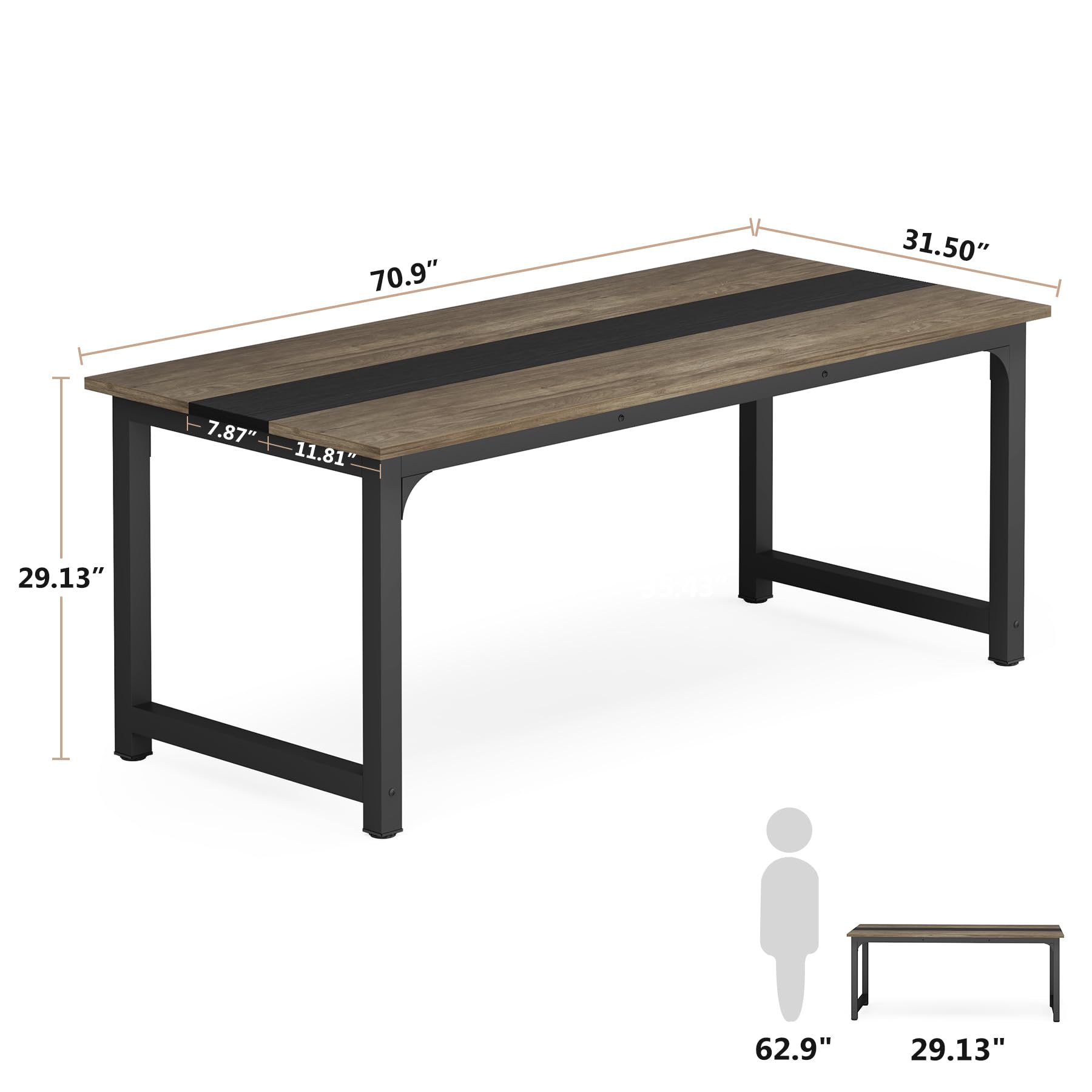 70.8” Executive Desk, Large Office Computer Desk with Thicken Frame, Modern Simple Workstation Business Furniture for Home Office, Vintage Grey/Black