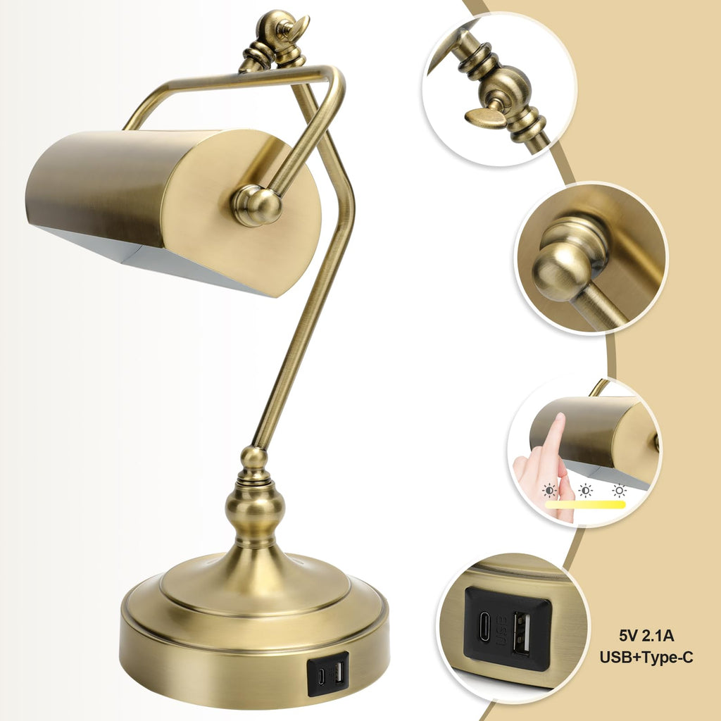 Classic Antique Touch Adjustable Desk Lamp, Banker Lamp, Piano Lamp, Eye Protection Table Lamp with Output Charging Port (LED Bulb Included in Package) (Bronze)