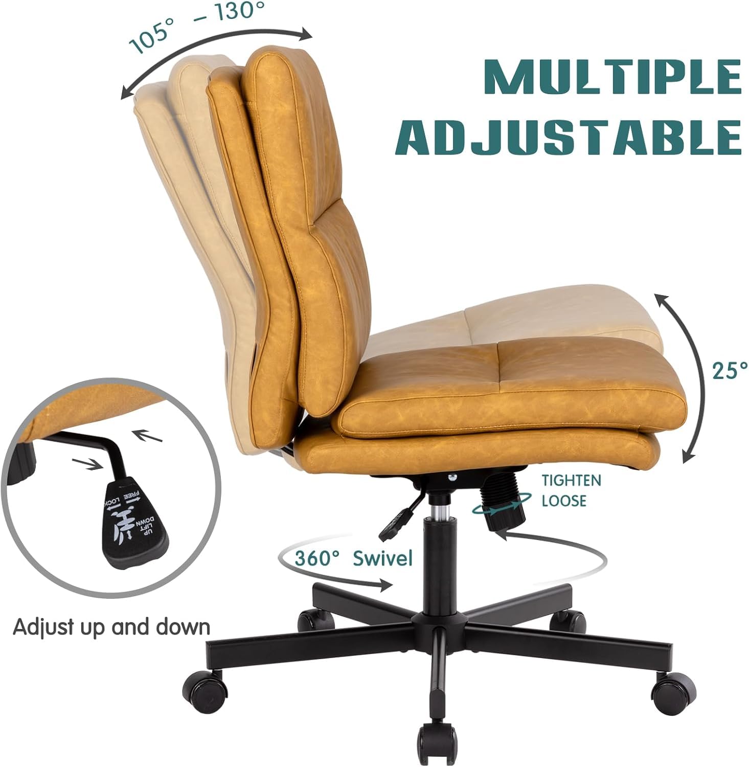 Armless Office Desk Chair with Wheels, Double Padded PU-Leather Chairs, Mid-Back Criss Cross Swivel Task Chair, Height Adjustable Cushioned Vanity Chair for Home, Office & Bedroom (Yellow)