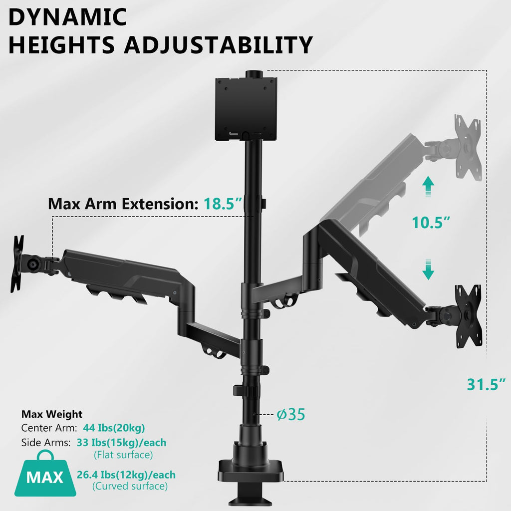 Triple Monitor Mount - Extra Tall 3 Monitor Desk Mount for 13-49 Inch Ultrawide Screens, Up to 44 lbs, Fully Adjustable Heavy Duty Monitor Arm, VESA 75/100 mm (GSDM003-P), Black