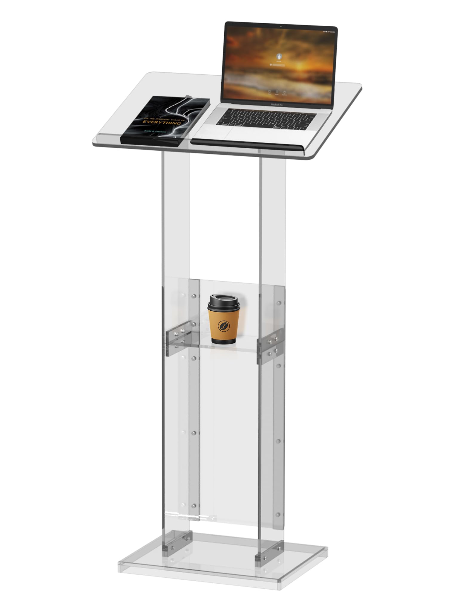 Acrylic Podium Stand with Storage Shelf, 45.5" Modern Clear Lectern with Reading Platform for Classroom, Weddings, Conference, Concert, Professional Presentation Podiums