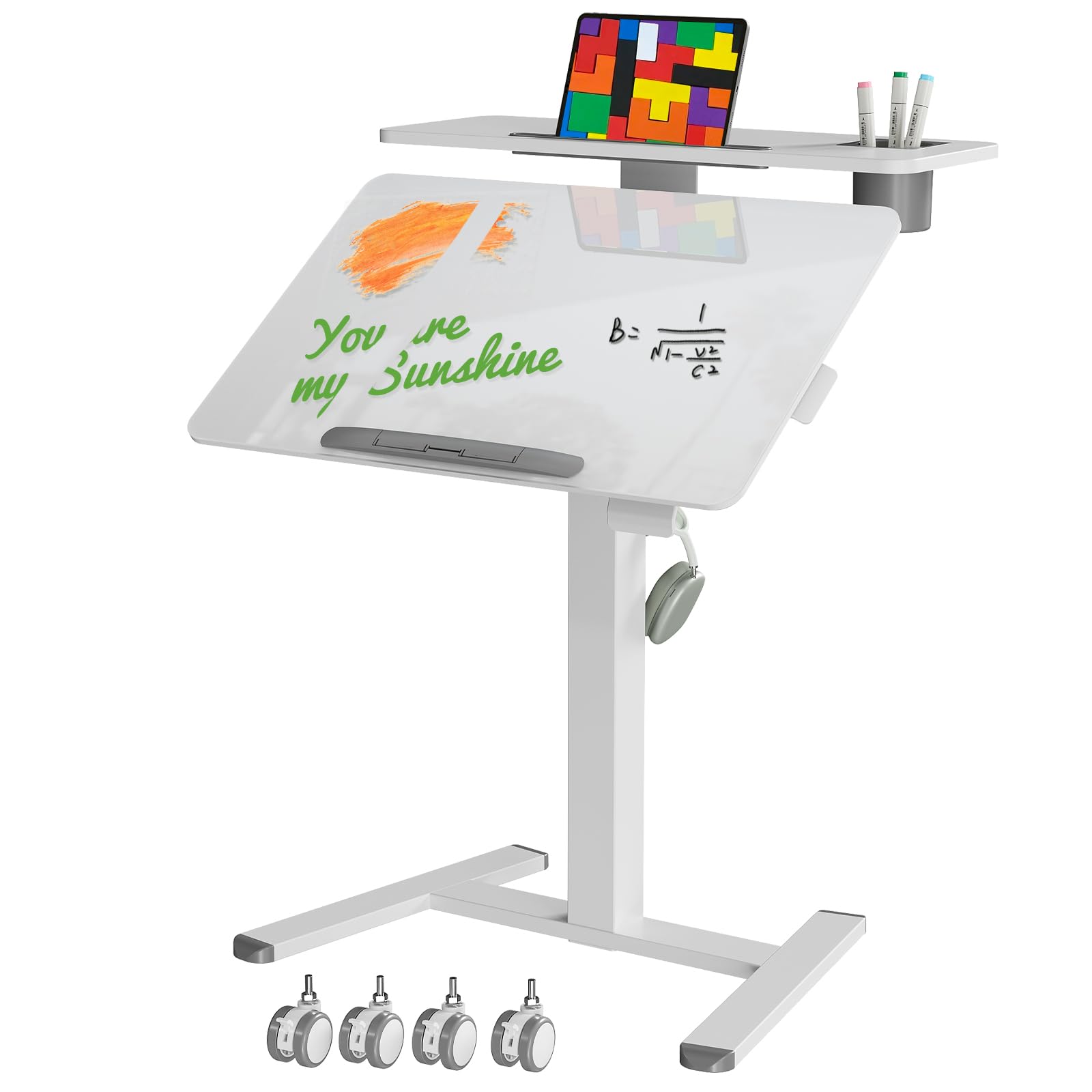 28Inch Glass Mobile Standing Desk On Wheels， Rolling Laptop Stand with Tiltable Desktop， Small Computer Workstation Adjustable Height， 2-Tier Portable Study Table with Storage Shelf， White