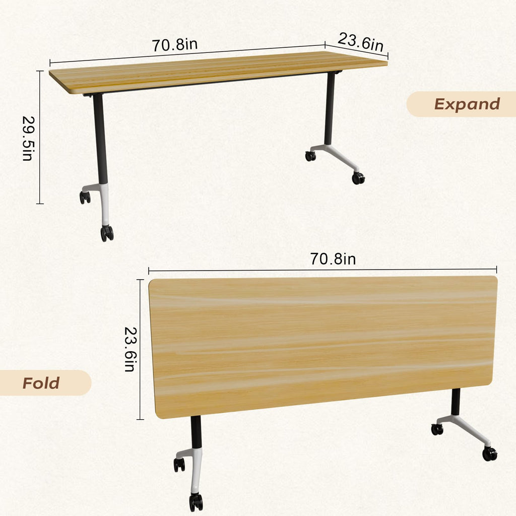 Folding Conference Table with Wheels, Flip-Top, 70.8in, 2 Pack, Maple