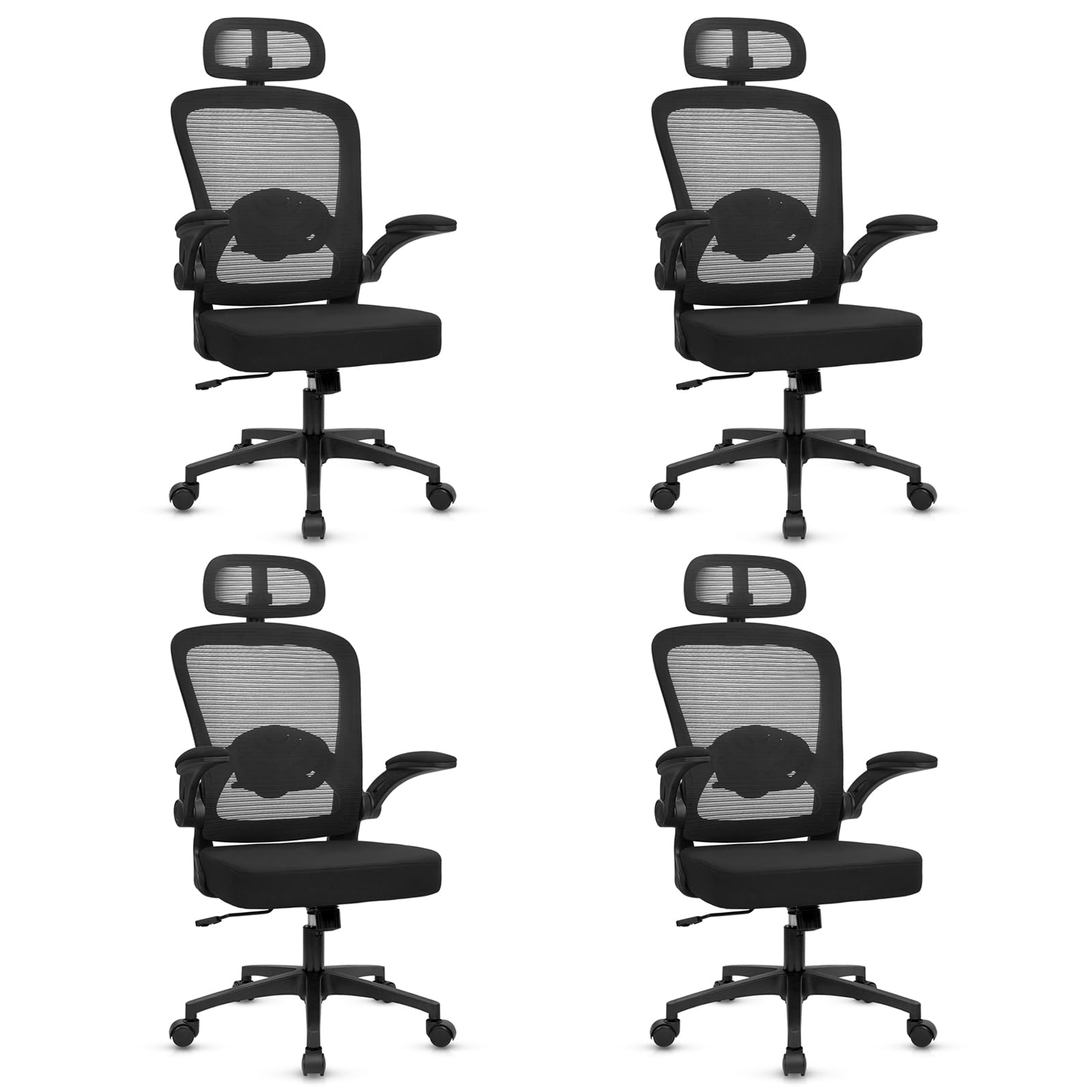 KLASIKA Home Office Desk Chair with Flip Up Armrests, Mesh Back Chair with Adjustable Height Lumbar Support and Headrest, Ergonomic Computer Task Chair for School, Conference, Black(4PK)