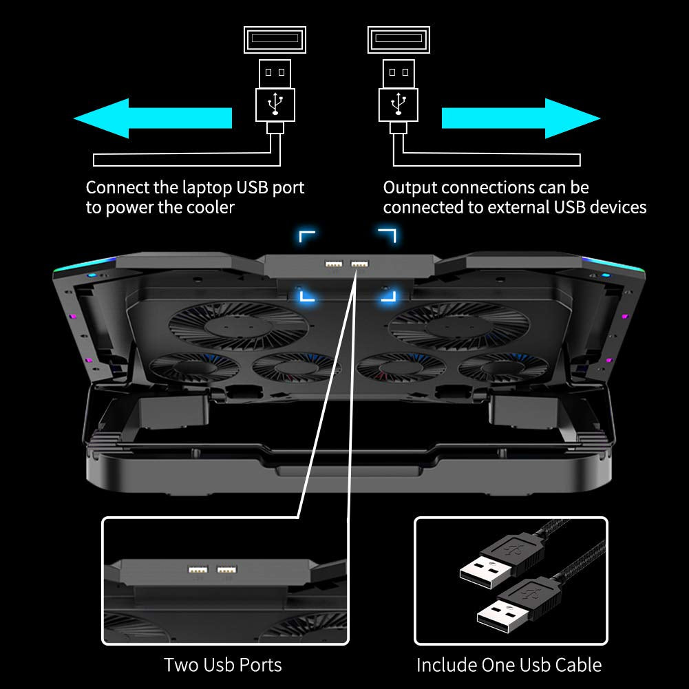 Laptop Cooling Pad 15-17.3 Inch, Laptop Fan with 6 RGB Cooling Fans, Laptop Cooling Stand with 6 Height Adjustable, Laptop Cooler with LCD Screen, 2 USB Ports, Phone Stand