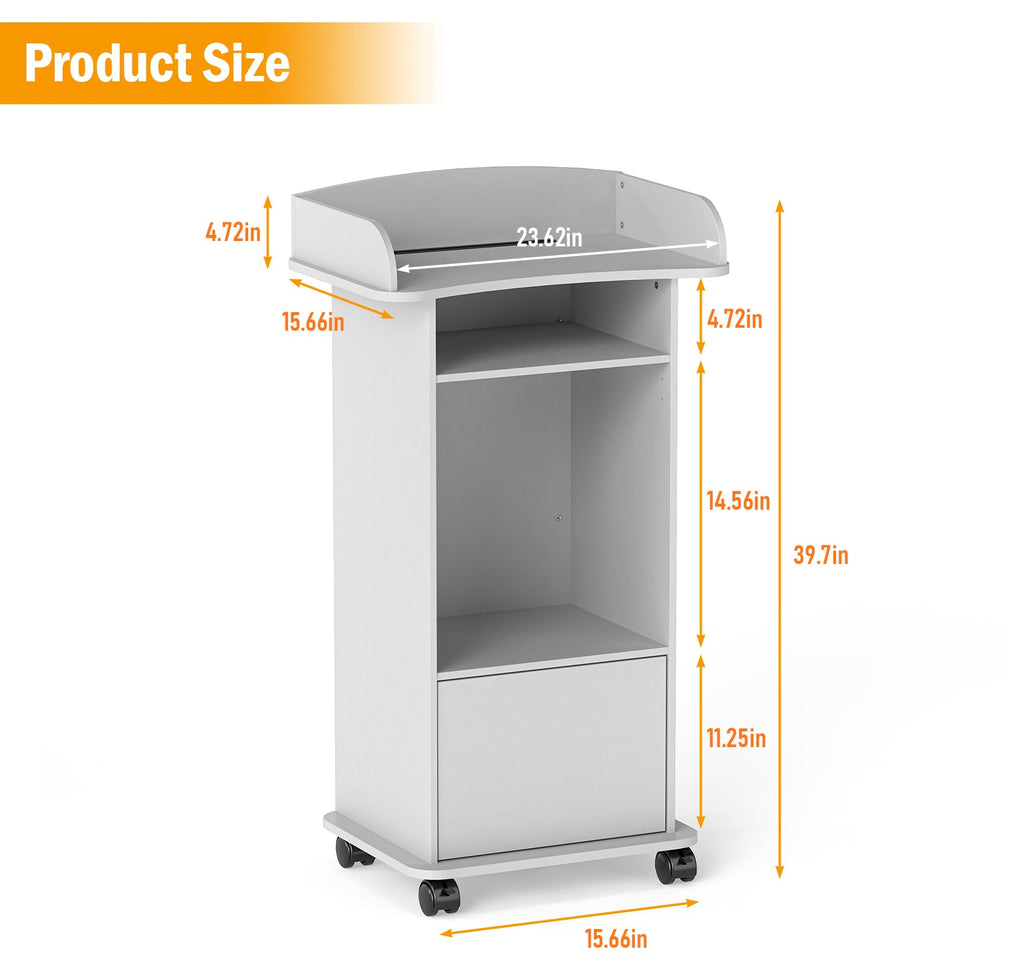 Podium Stand Portable,Mobile Pulpit Podium with Lockable Wheels,Wooden Hostess Stand Reception Desk with Adjustable Shelf and Storage Cabinet for Churches Conference School
