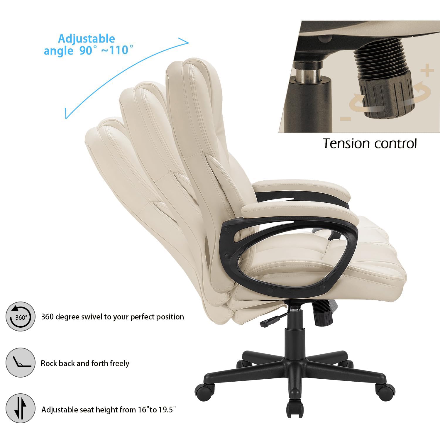 Office Executive Chair High Back Adjustable Managerial Home Desk Chair, Swivel Computer PU Leather Chair with Lumbar Support (1, Beige)