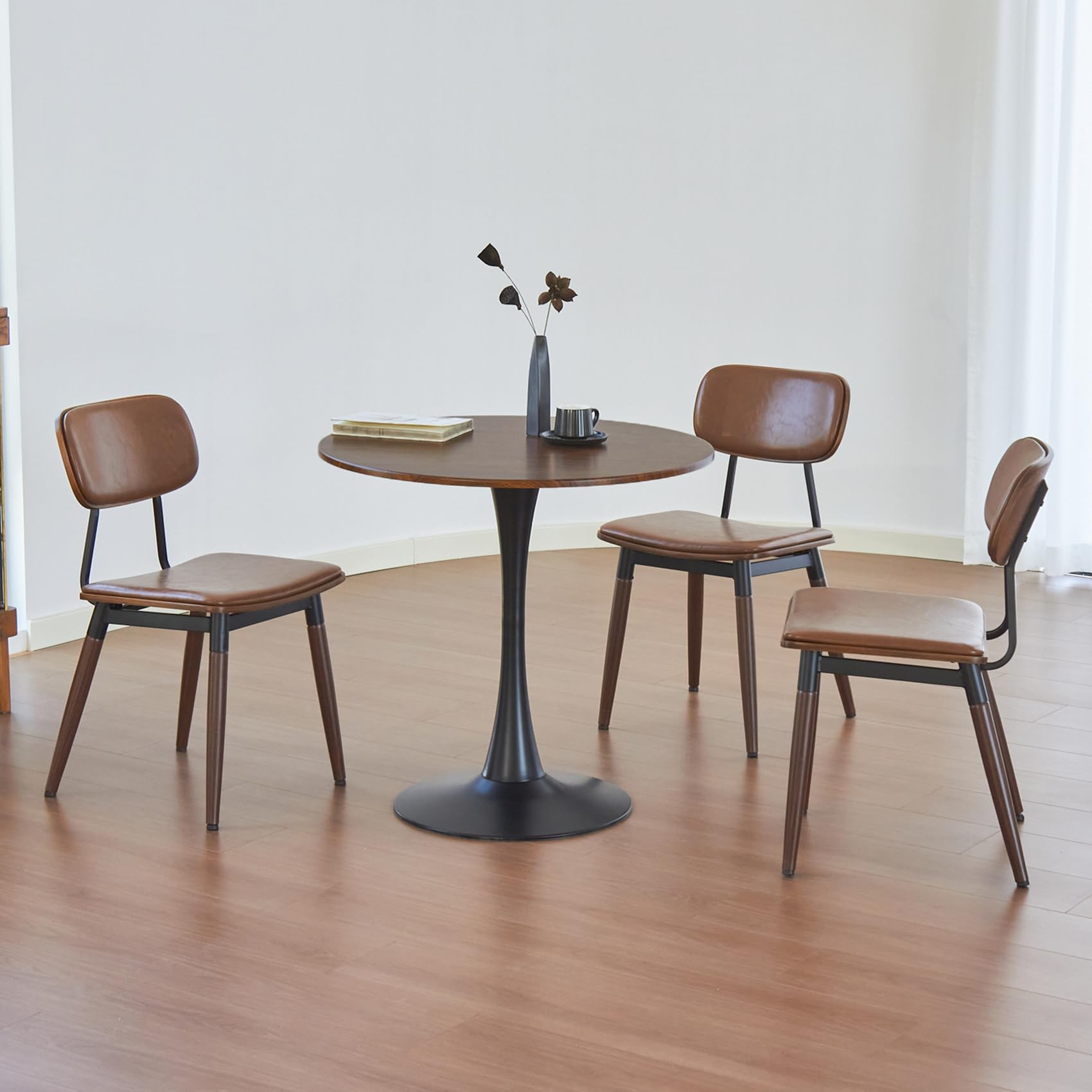 Hansweld Round Dining Table, 24" Circle Tulip Table with Thickened Tabletop & Metal Pedestal, Mid Century Modern Bistro Table for Kitchen, Small Places, Living Room, Cafe (Brown)