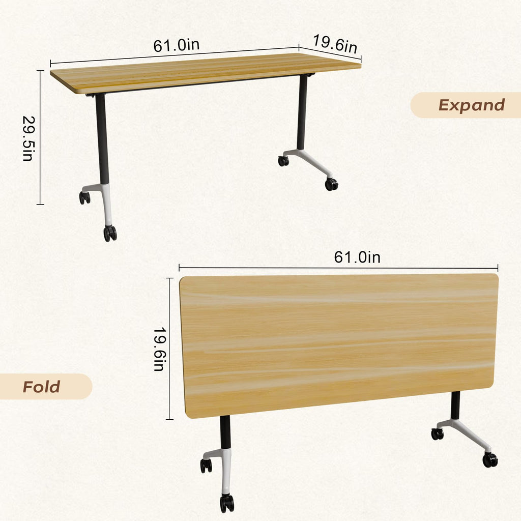 Folding Conference Table with Wheels, Flip-Top, 61in, 6 Pack, Maple