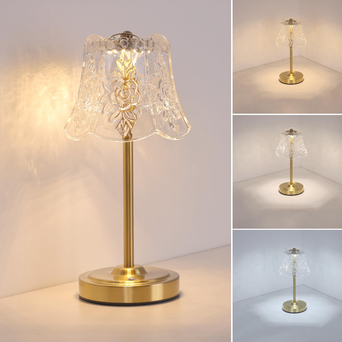 Cordless Touch Table Lamp with 5200mAh Battery - 3 Adjustable Color Temperatures & Dimmable, Rechargeable Desk Lamp for Bedroom, Living Room, Office, Entryway, Bookshelves (Transparent Rose)