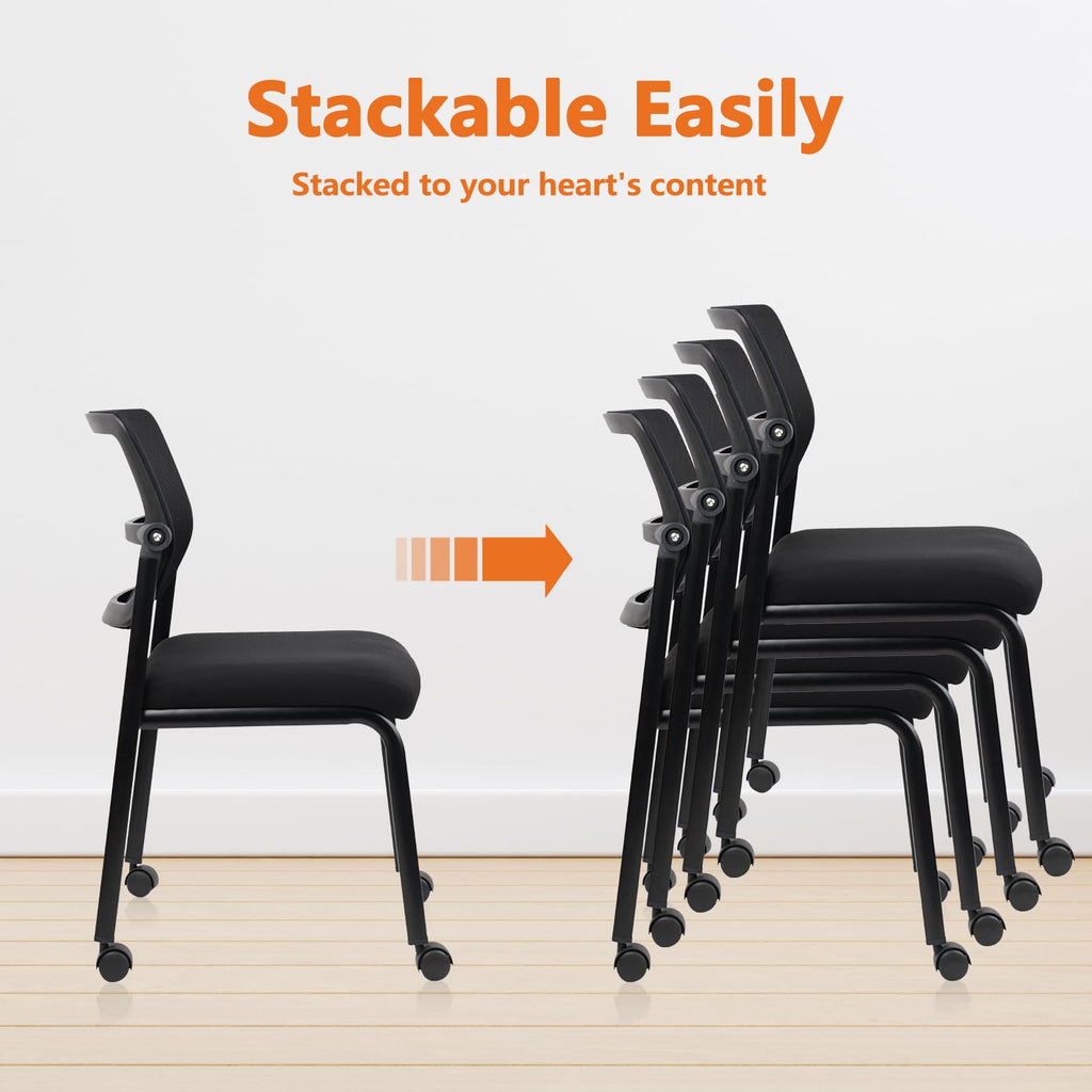 Black, 4 Pack, Stacking Armless Office Waiting Room Chair with Wheels, Stackable Mesh Guest Reception Desk Chairs with Adjustable Backrest for Conference Lobby Side School,