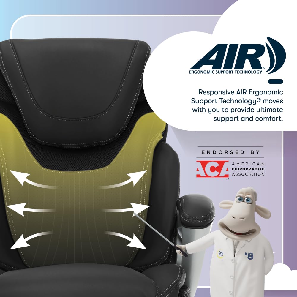 Executive Office Chair, Ergonomic Computer Desk Chairs with Patented AIR Lumbar Support, Comfy Body Pillows, Height Adjustable, Swivel Base with Wheels, Bonded Leather, Black