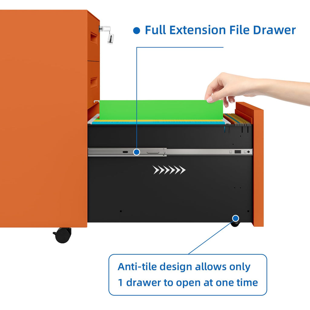 3 Drawer Metal Rolling File Cabinet Under Desk Filing Cabinet Orange