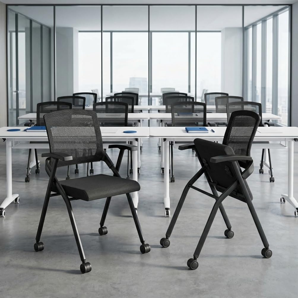 40 PK, Folding Office Chair with Wheels - Mobile Mesh Back Conference Room Chair with Padded Seat, Foldable & Stackable for Meeting Room, Training, Seminar,Classroom School & Office - Black