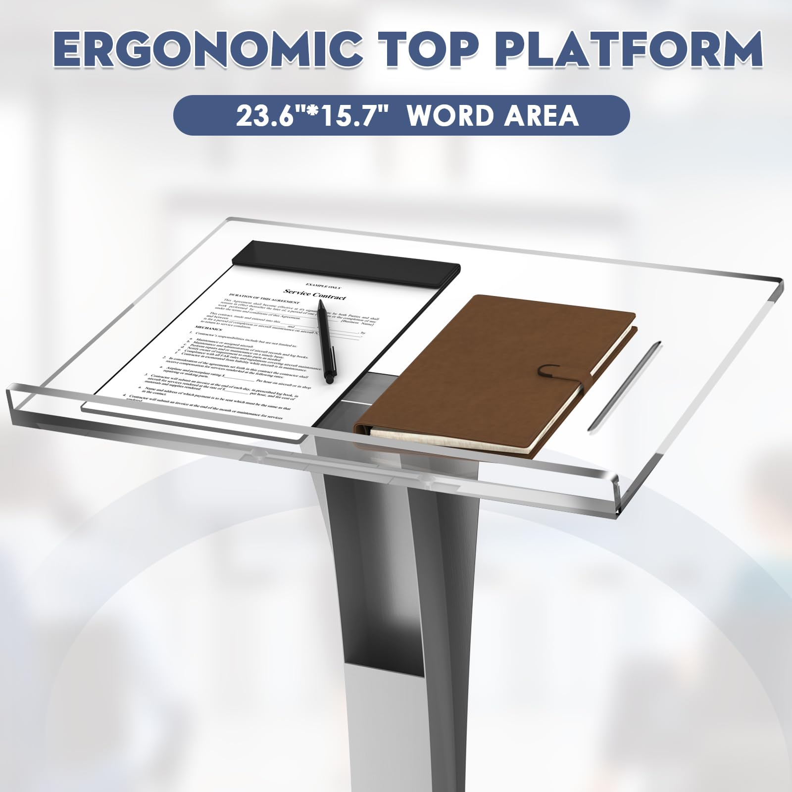 42.5" Pulpits for Churches, Acrylic Podium Stand with Iron Stable Bottom, Pulpit with 10MM Thickened Acrylic Countertop, Multi Function Lectern for Classroom Music Concert Conference