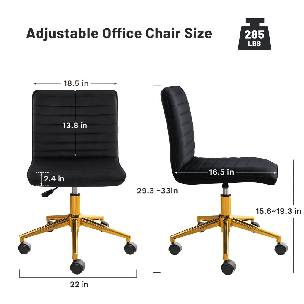 Office Desk Chair, Armless Desk Chair with Wheels Soft Velvet Adjustable Height, Comfy Computer Rolling Chairs with Gold Metal Base Stool,Black