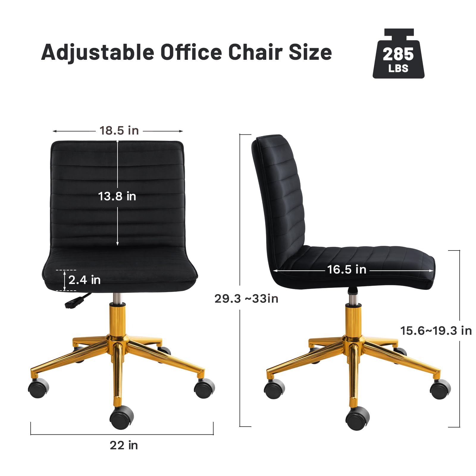 Office Desk Chair, Armless Desk Chair with Wheels Soft Velvet Adjustable Height, Comfy Computer Rolling Chairs with Gold Metal Base Stool,Black