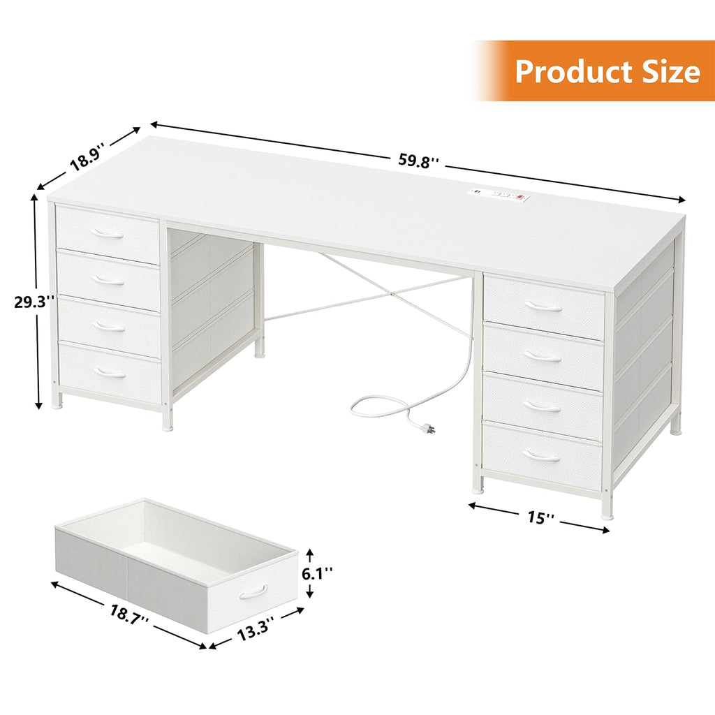 60 Inch Computer Desk with 8 Drawers, Home Office Desk with Power Outlets, Work Study Gaming Desk with 8 Fabric Drawers