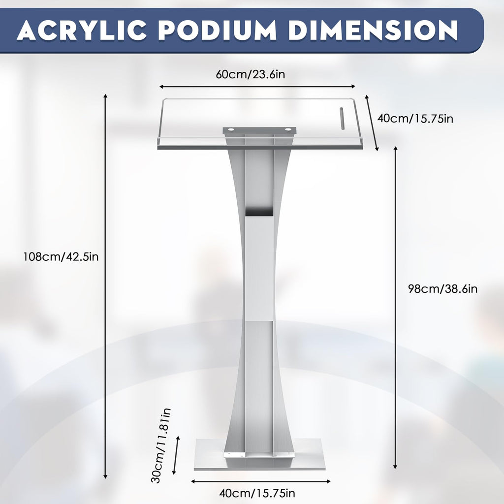 42.5" Pulpits for Churches, Acrylic Podium Stand with Iron Stable Bottom, Pulpit with 10MM Thickened Acrylic Countertop, Multi Function Lectern for Classroom Music Concert Conference