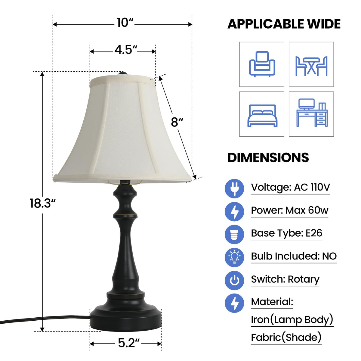 Traditional Table Lamp, Vintage Desk Lamp for Living Room with Fabric Shade, Farmhouse Bedside Lamp Black Finish for Bedroom Nightstand Office Hotel (Pack-01)