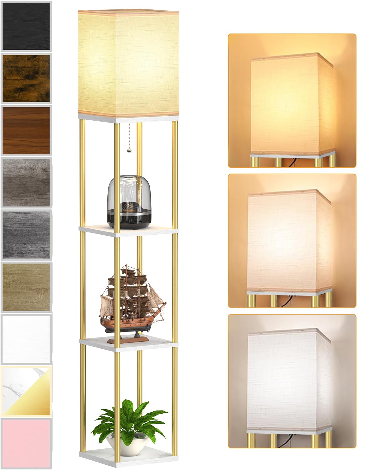 Floor Lamp with Shelves, Modern Corner Display Standing Column Shelf Lamp Etagere Organizer Tower Nightstand with White Linen Shade for Living Room, Bedroom and Office, Marble White and Gold Poles