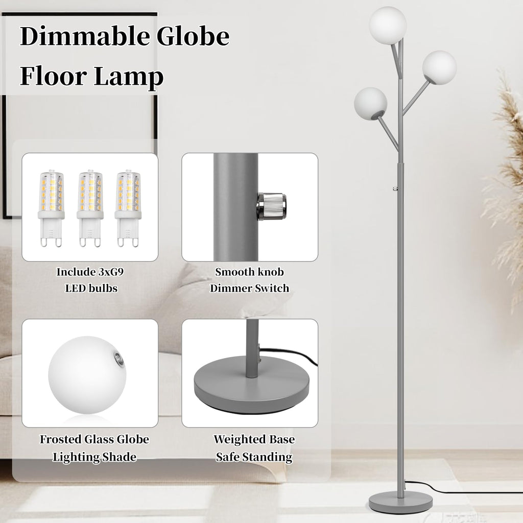 Dimmable 3-Globe Mid Century Modern Floor Lamp, Bulbs Included,70in Tall Silver Standing Floor Lamp with Frosted Glass Shade for Living Room,Office Bedroom, Study Room, Hotel, (dimmer-Silver)