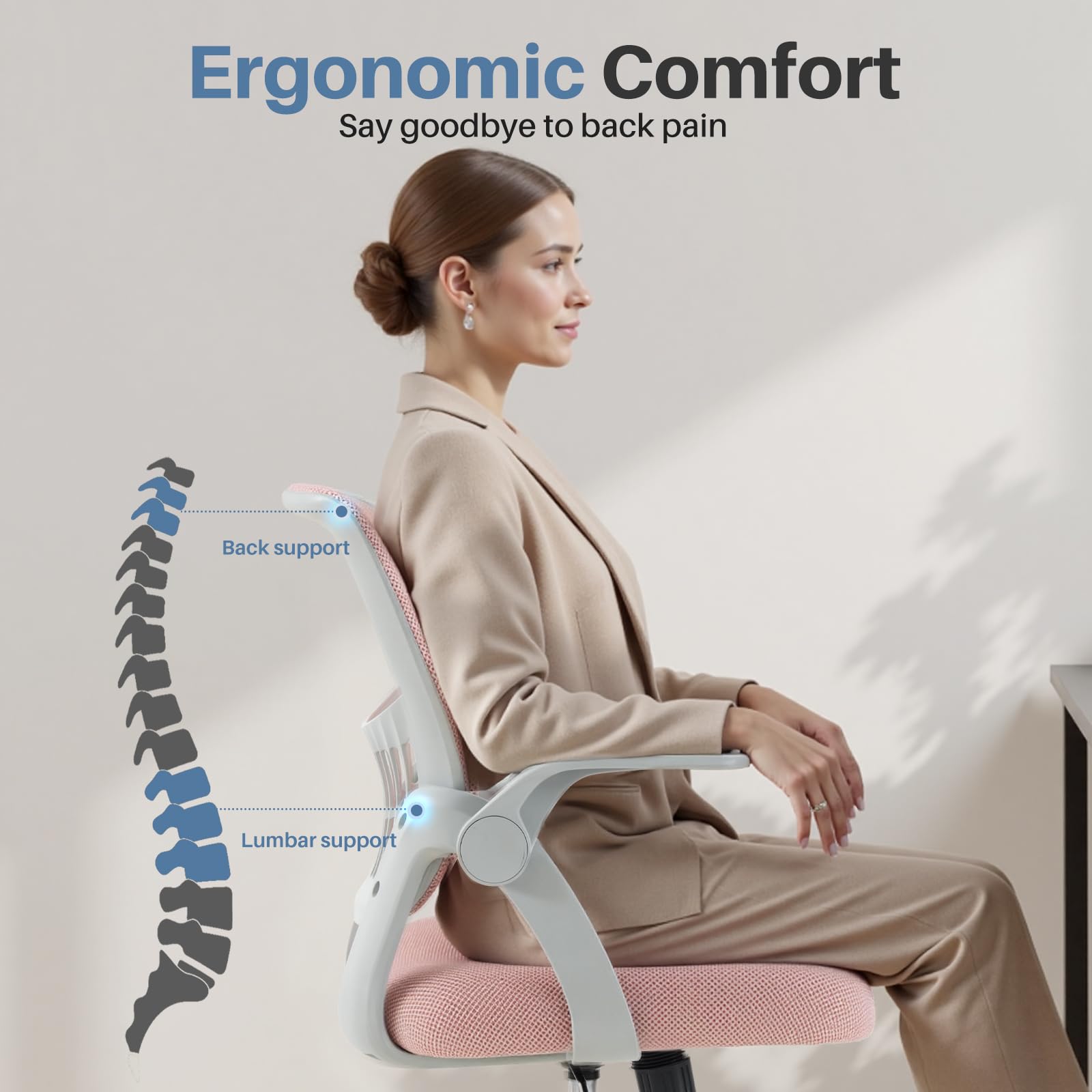 Home Office Managerial Executive Chair, Flip Up Armrest Ergonomic Mesh Adjustable Swivel Mid-Back Computer Desk Chair with Comfortable Lumbar Support, Comfy Arms for Bedroom,Study