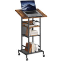 Podium Stand with Locking Wheels, 4-Tier Mobile Lectern with Storage Shelves and Non-Slip Lip, for Classroom, Church, Conference Standing Desk, Rustic Brown and Black LPHR6001