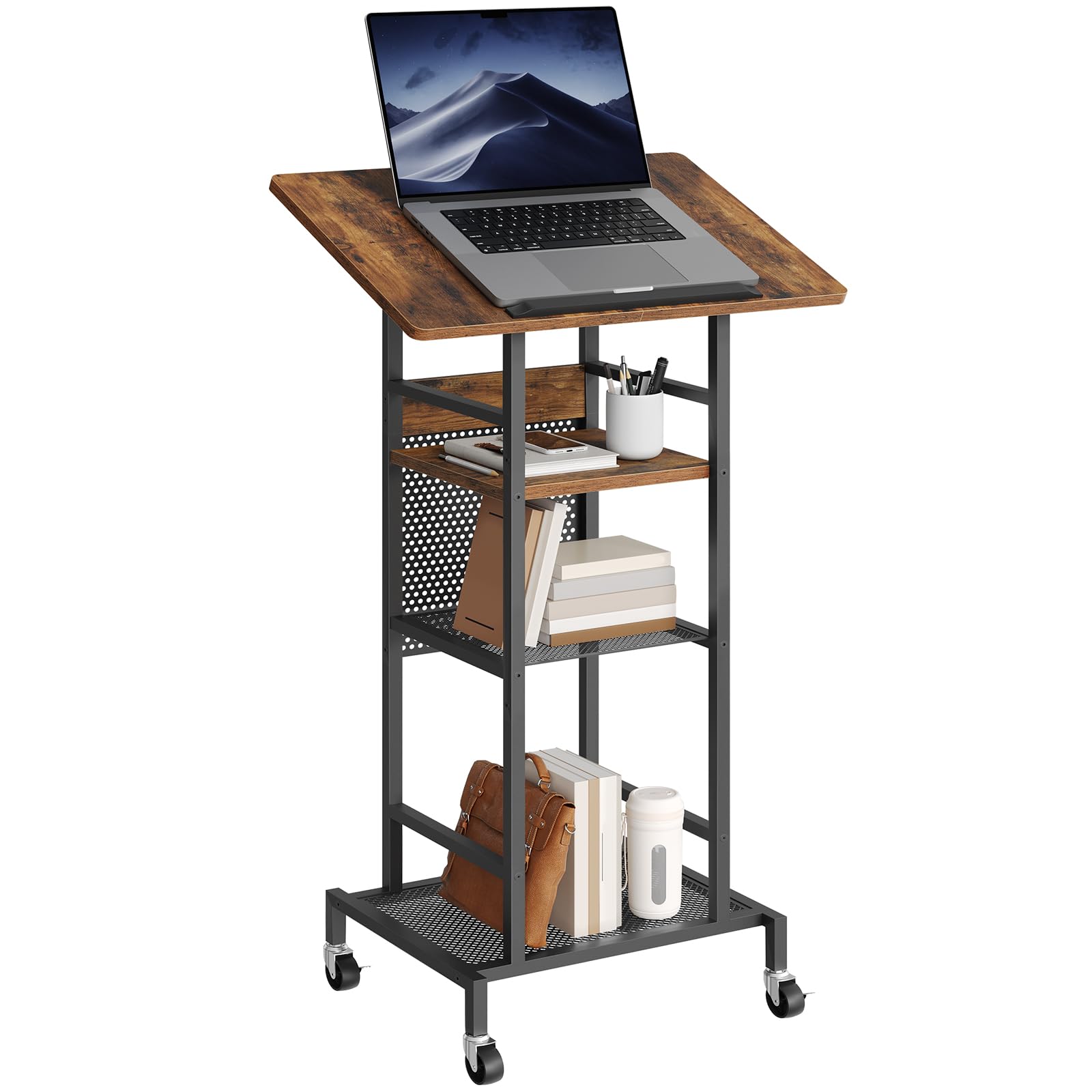 Podium Stand with Locking Wheels, 4-Tier Mobile Lectern with Storage Shelves and Non-Slip Lip, for Classroom, Church, Conference Standing Desk, Rustic Brown and Black LPHR6001
