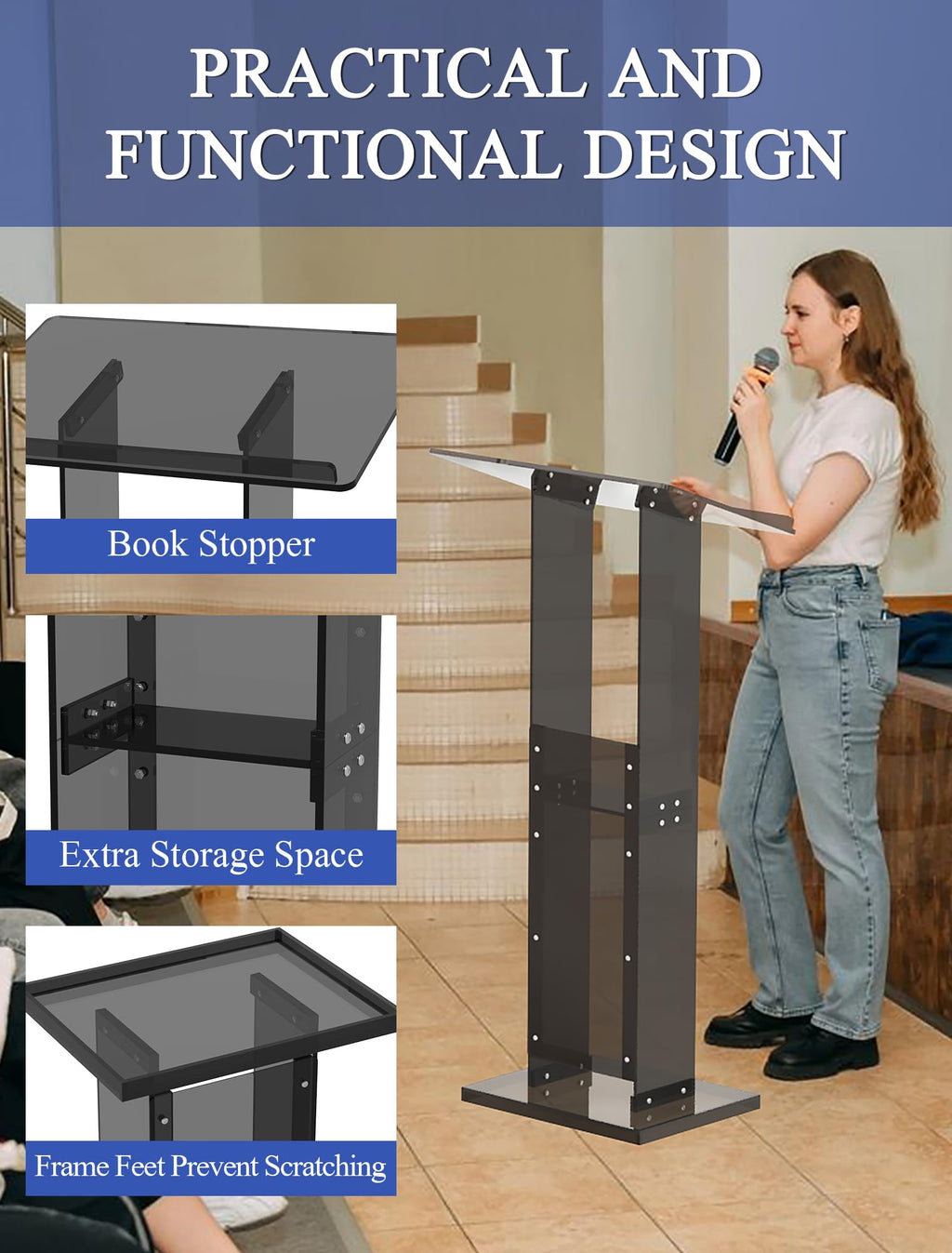 Acrylic Podium Stand with Storage Shelf, 45.5" Modern Black Lectern with Reading Platform for Classroom, Weddings, Conference, Concert, Professional Presentation Podiums