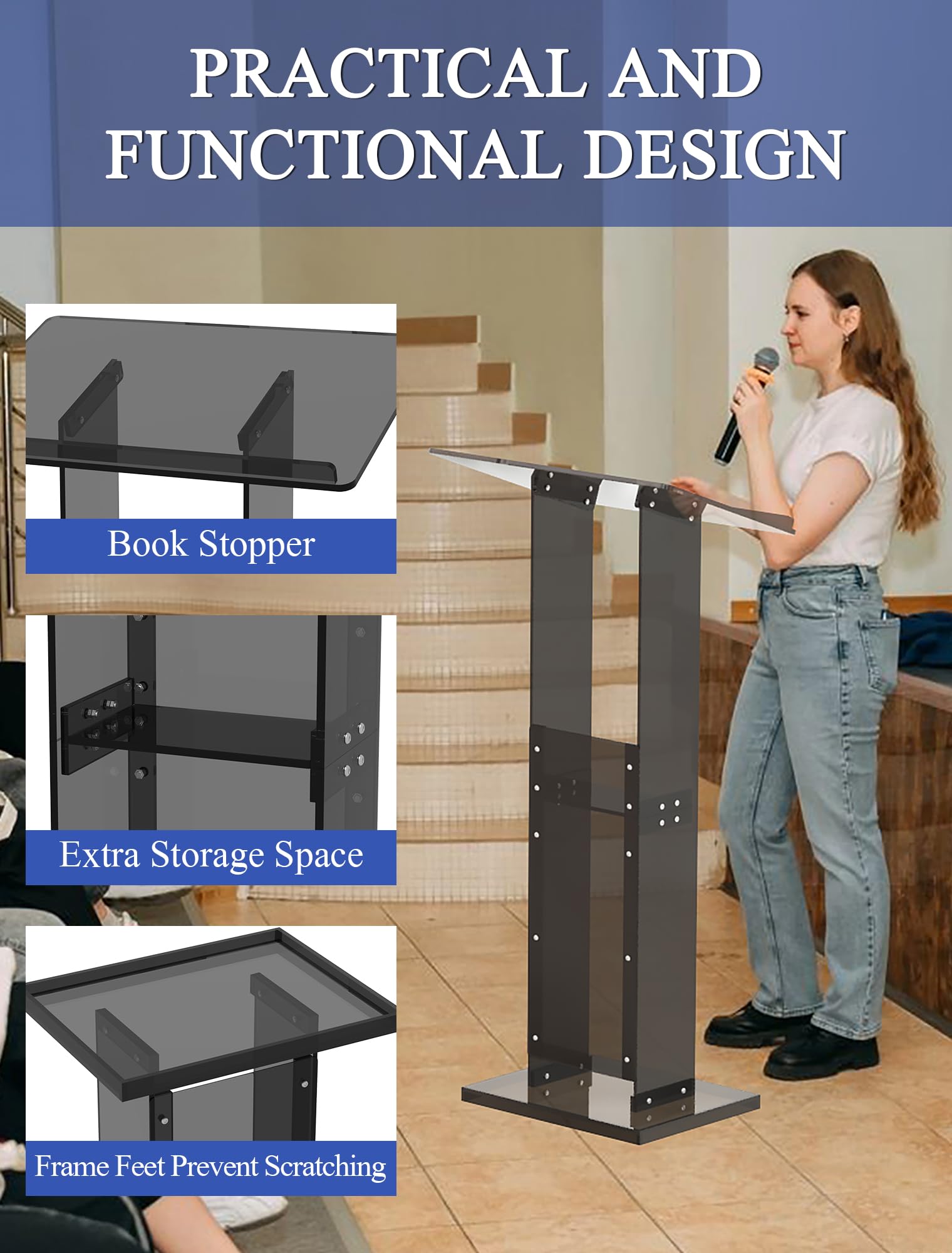 Acrylic Podium Stand with Storage Shelf, 45.5" Modern Black Lectern with Reading Platform for Classroom, Weddings, Conference, Concert, Professional Presentation Podiums