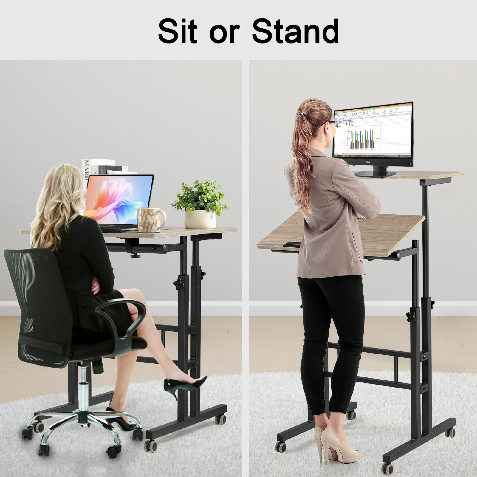 Mobile Standing Desk with Charging Station, Adjustable Standing Computer Desk, Standing Adjustable Laptop Cart with Wheels for Home Office Classroom Light Grey