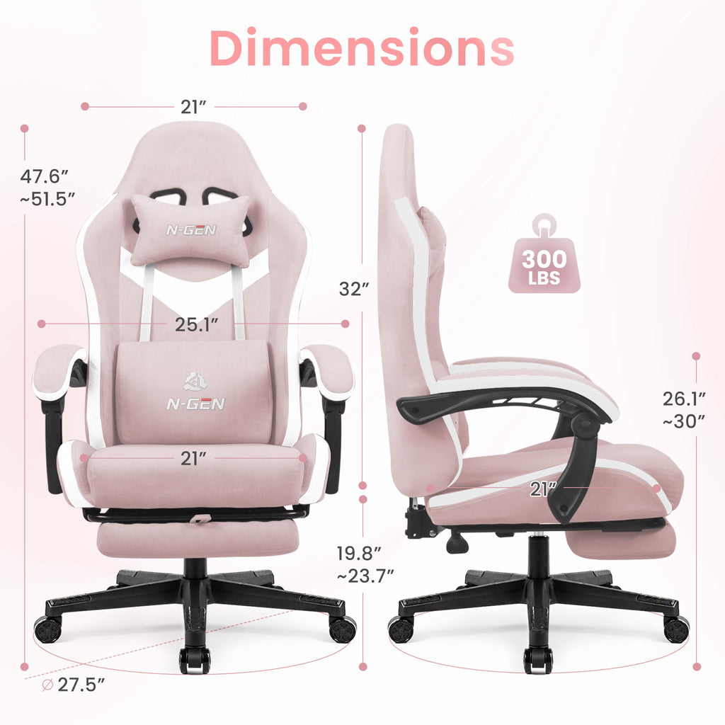 Gaming Chair with Footrest Lumbar Support for Home Office High Back Recliner Height Adjustable Ergonomic Comfy Fabric Computer Desk Chair (Pink)