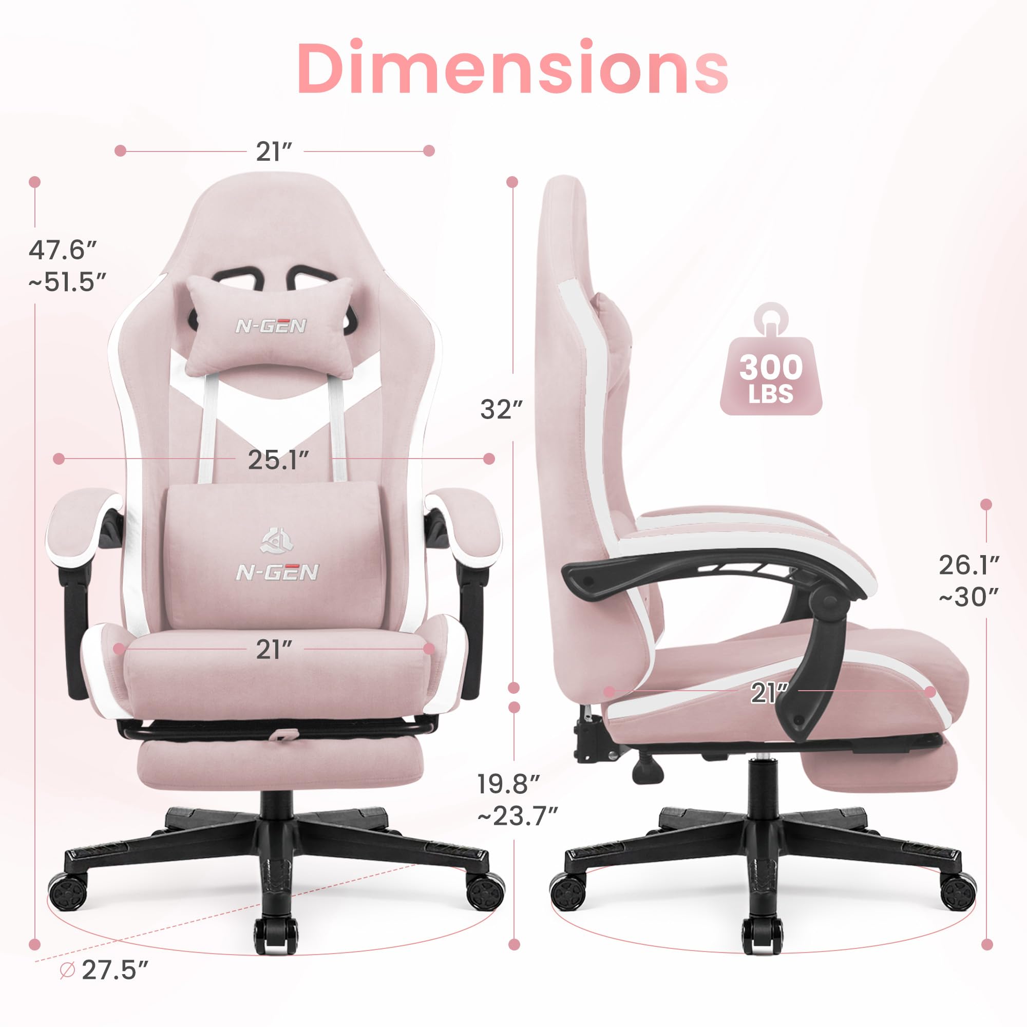 Gaming Chair with Footrest Lumbar Support for Home Office High Back Recliner Height Adjustable Ergonomic Comfy Fabric Computer Desk Chair (Pink)