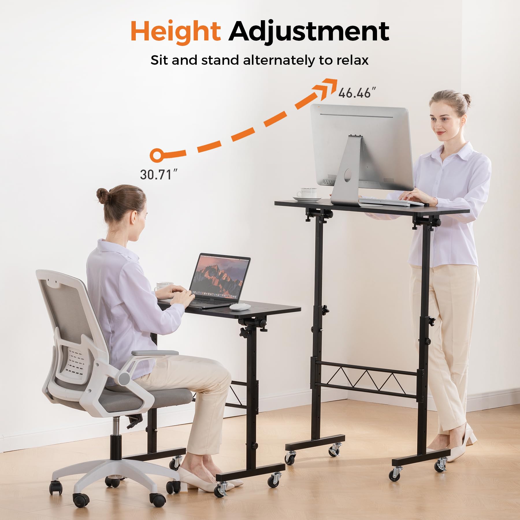 Standing Desk Adjustable Height & Tiltable Tabletop, Portable Stand Up Desk for Laptop, Mobile Folding Desk for Home Office Work and Walking Pad Treadmill, Height 30.7"-46.4", Black
