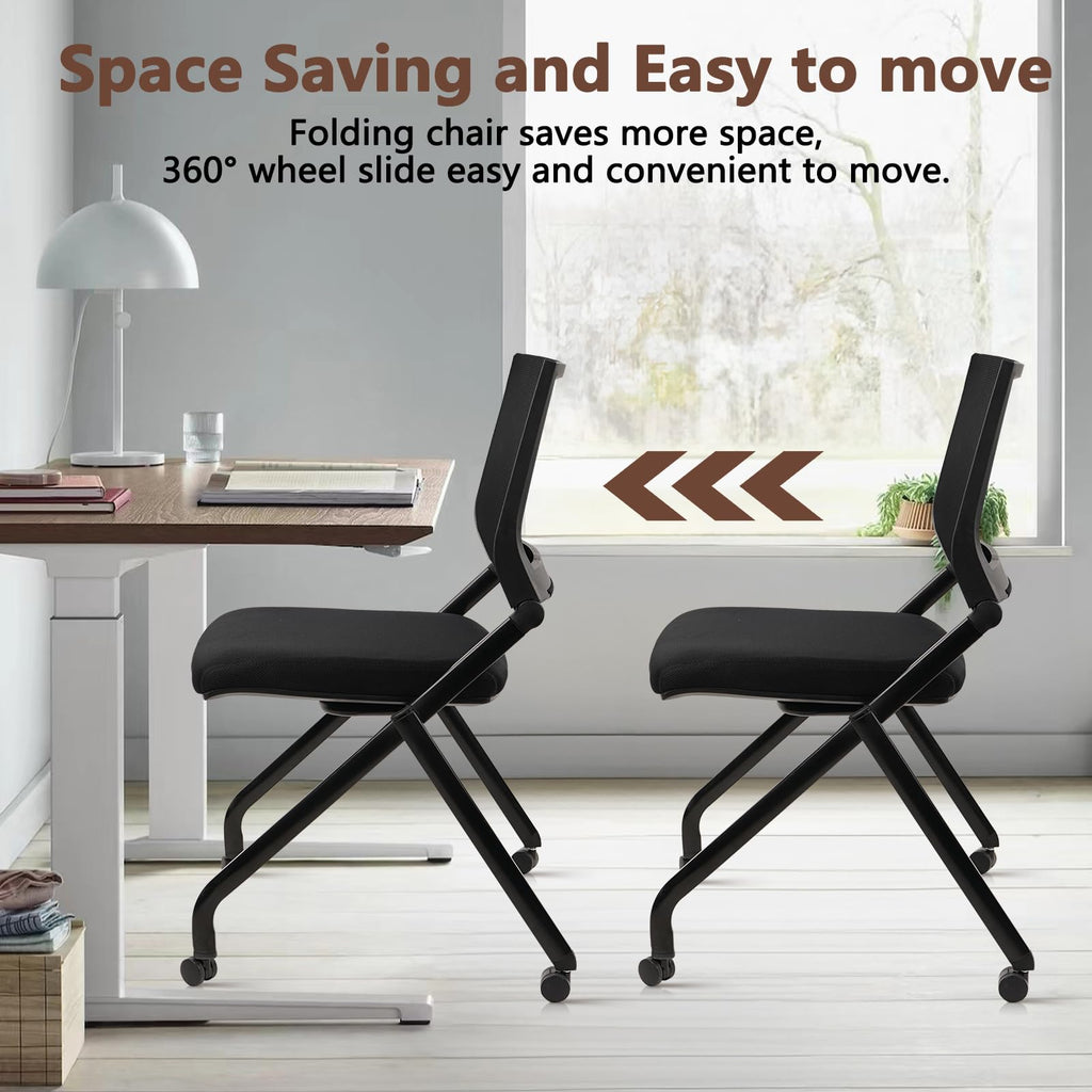 (2pk) Stackable & Foldable Chairs with Wheels, Reception Guest Chairs with Lumbar Support, Ergonomic Mesh Back Folding Chair for Office Schools Training Conference Waiting Room, Black
