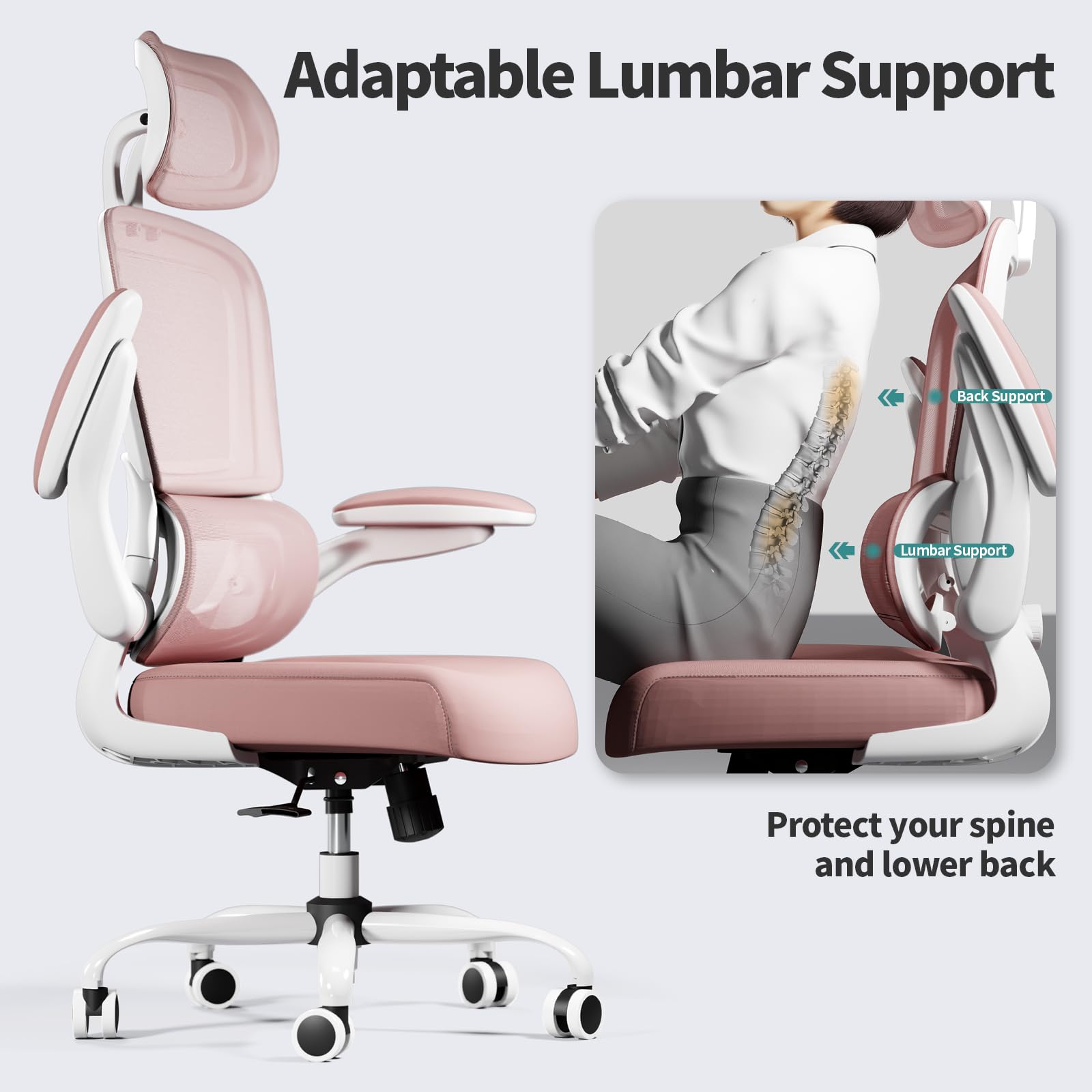 Office Chair Ergonomic Desk Chair, 330 LBS Home Mesh Office Desk Chairs with Wheels, Comfortable Gaming Chairs (Pink)