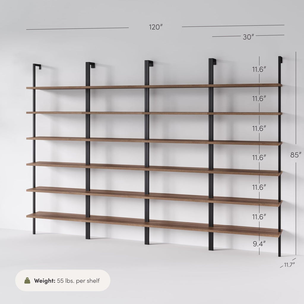 Set of 4, 6-Shelf Tall Bookcase, Wall Mount Bookshelf with Reclaimed Oak Wood and Industrial Metal Frame, Reclaimed Oak/Matte Black