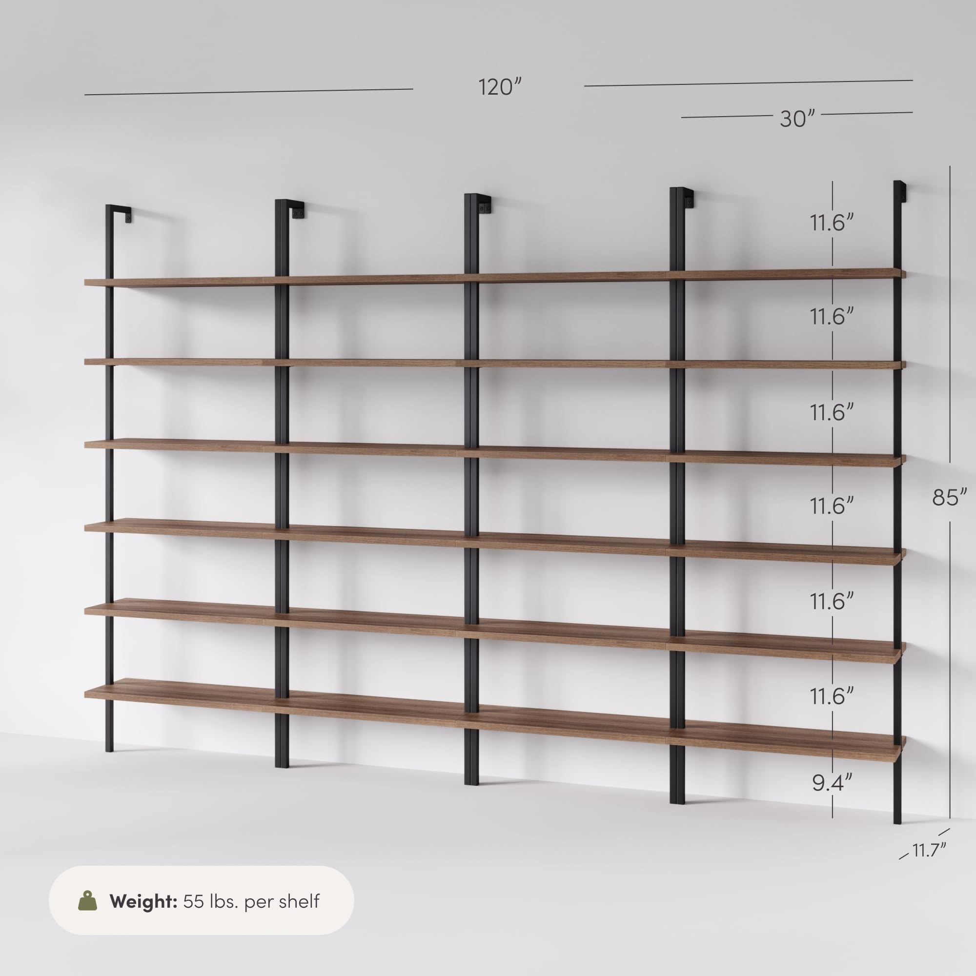 Set of 4, 6-Shelf Tall Bookcase, Wall Mount Bookshelf with Reclaimed Oak Wood and Industrial Metal Frame, Reclaimed Oak/Matte Black