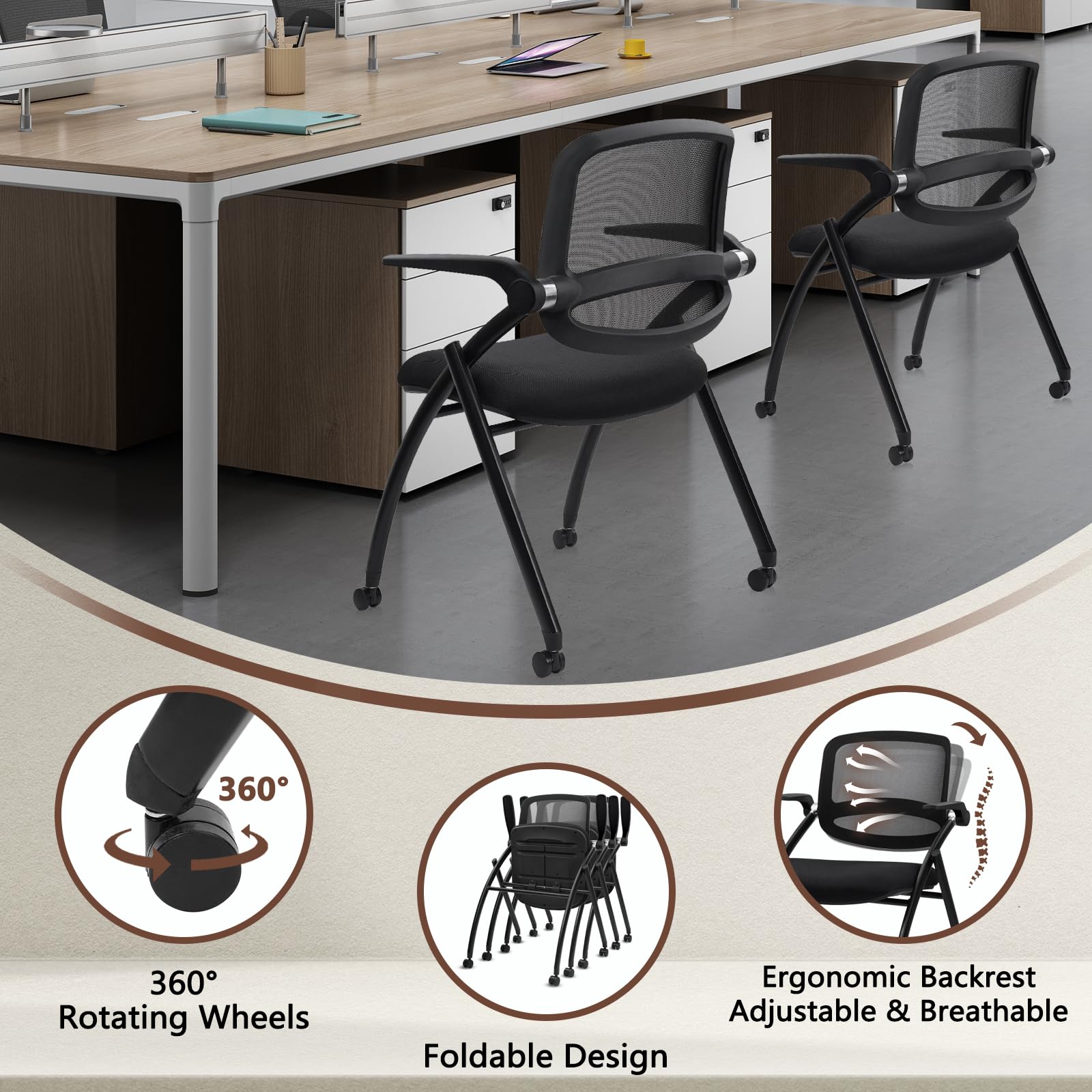 (4pk) Stackable & Foldable Chairs with Flip Up Armrests, Reception Guest Chairs with Wheels, Ergonomic Curved Mesh Back Folding Chair for Office Meeting Schools Conference Waiting Room