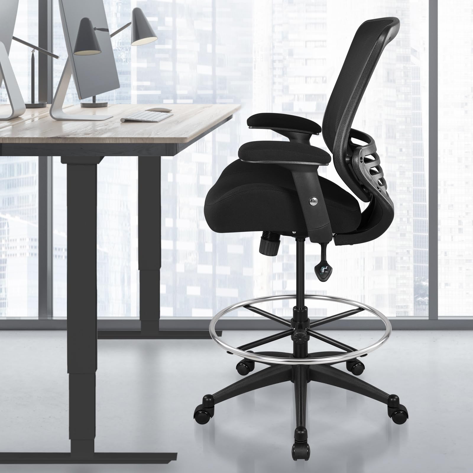 400lbs Mesh Ergonomic Office Drafting Chair Big Adjustable Foot Ring Height Adjustable Armrest(Black)