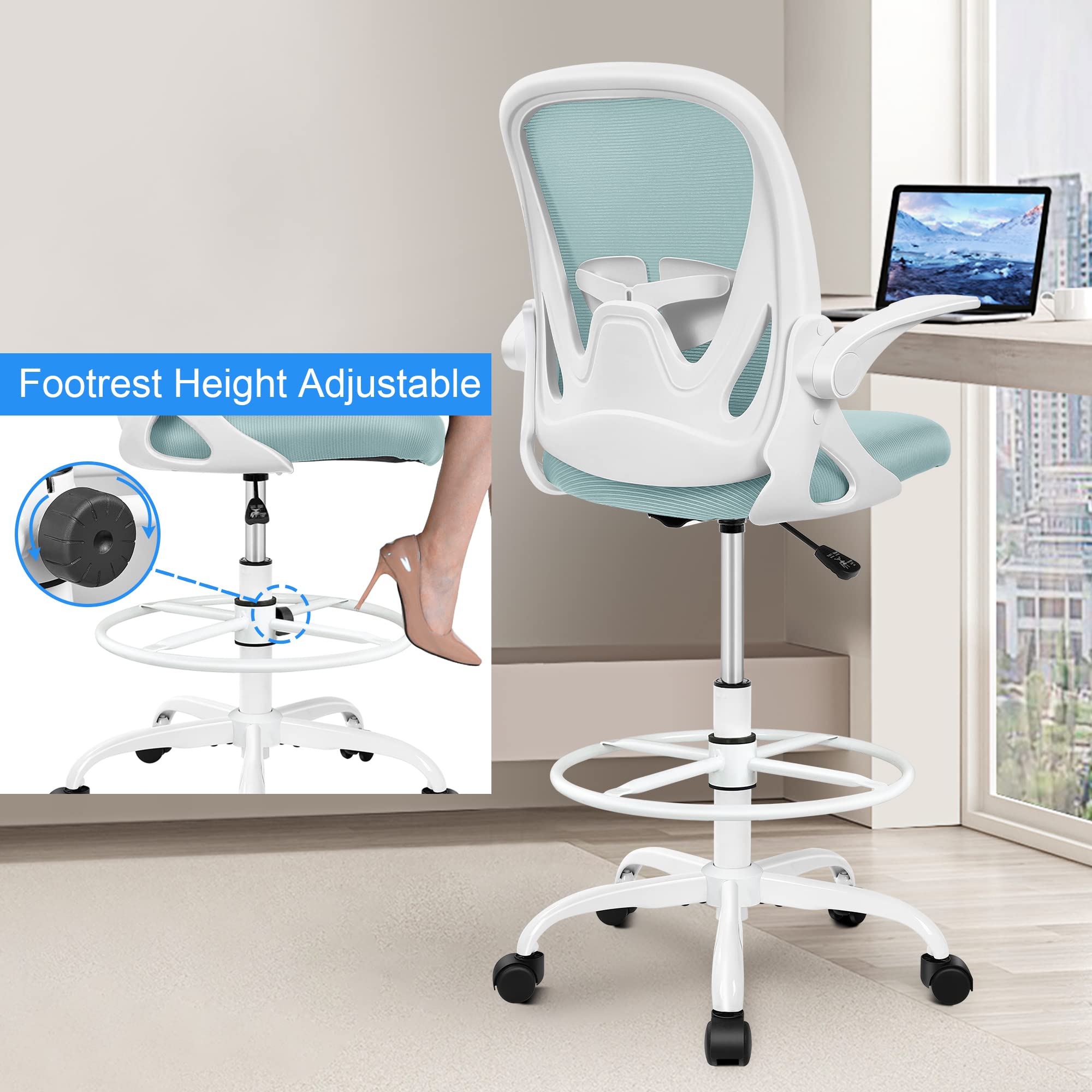 Drafting Chair Tall Office Chair with Flip-up Armrests Executive Ergonomic Computer Standing Desk Chair with Lumbar Support and Adjustable Footrest Ring（Light Blue）