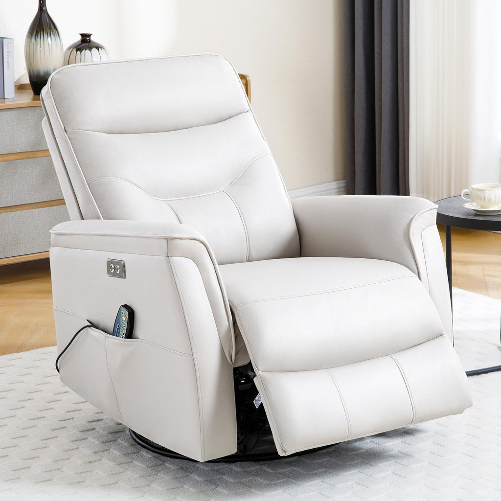Recliner Chair for Adults, Power Faux Leather Rocker Recliner Massage and Heat, Oversized Swivel Reclining Nursery Chair with USB Ports for Living Room, Office Beige