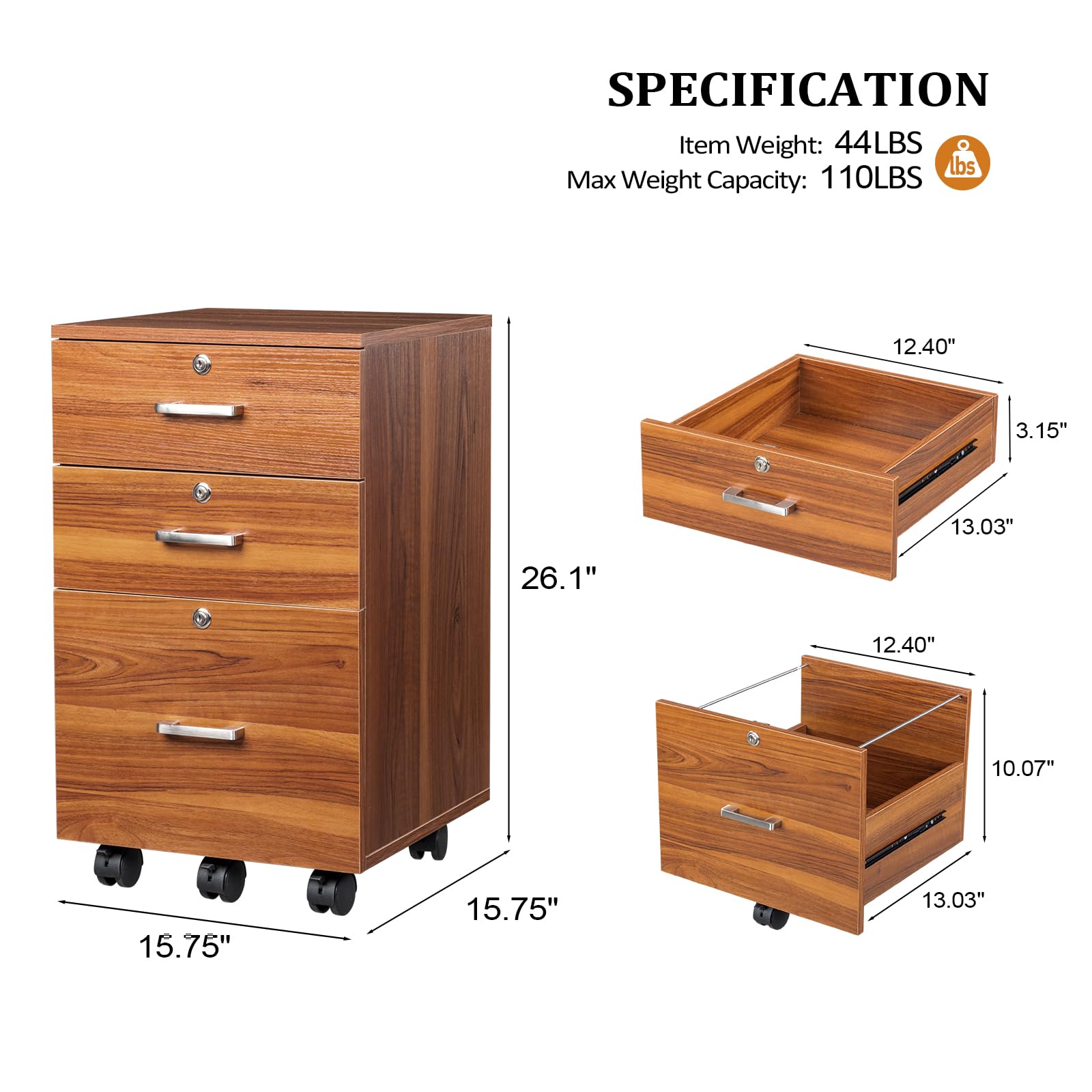 3-Drawer File Cabinet with Lock, Wood Rolling Filing Cabinets for Home Office, Mobile Printer Stand, Under Desk File Organizer for Letter Sized Files, 26" H(Caster Included), Walnut